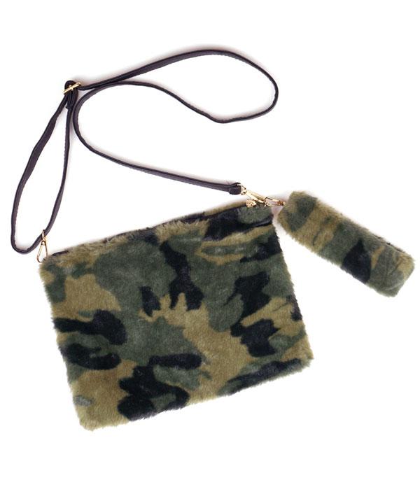 HANDBAGS :: CROSSBODY I CLUTCH BAGS :: Wholesale Camo Print Soft Fuzzy Crossbody Wristlet