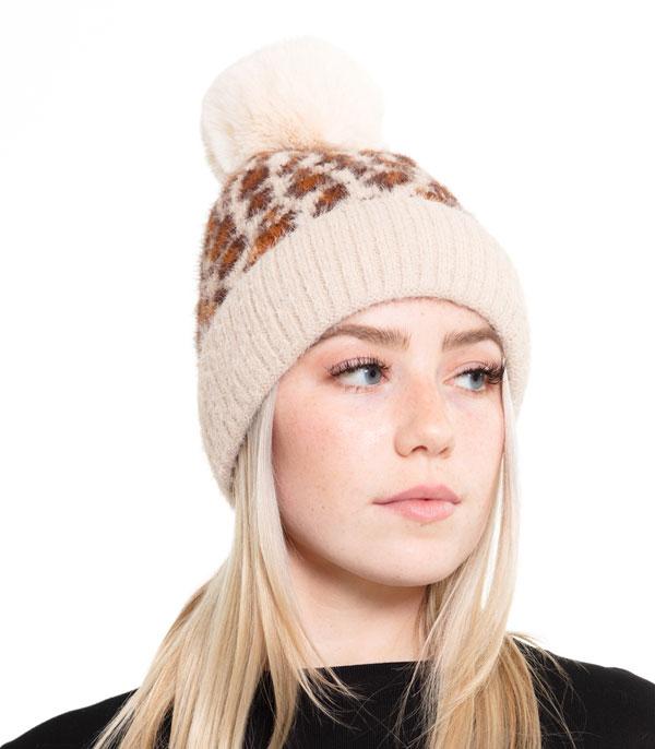 HATS I HAIR ACC :: BEANIES I HEADWRAP :: Wholesale Leopard Pom Knit Beanie