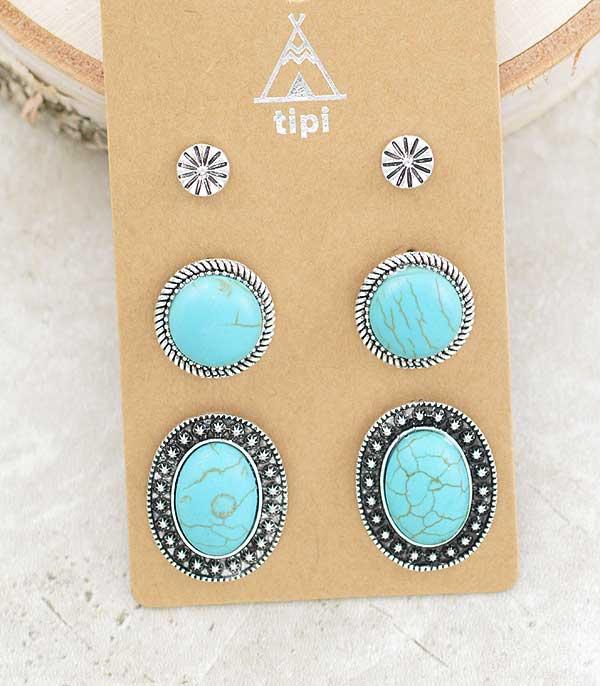 EARRINGS :: POST EARRINGS :: Wholesale Tipi 3PC Set Turquoise Earrings