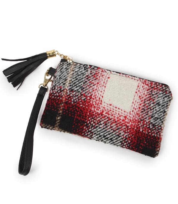 HANDBAGS :: WALLETS | SMALL ACCESSORIES :: Wholesale Plaid Fabric Wristlet Pouch Bag