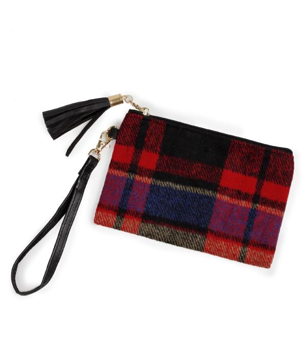 HANDBAGS :: WALLETS | SMALL ACCESSORIES :: Wholesale Plaid Fabric Wristlet Pouch Bag