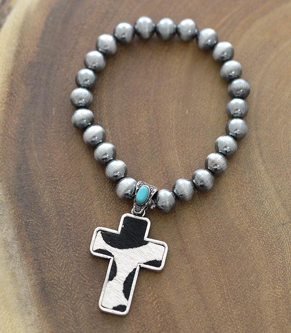 BRACELETS :: STRETCH-BEAD :: Wholesale Animal Faux Hide Cross Charm Bracelet