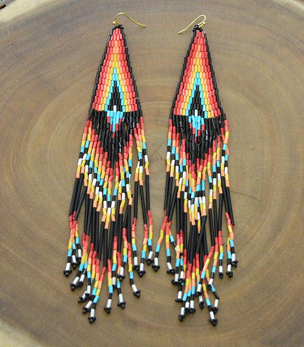 Western Seed Bead Fringe Earrings ~ Turquoise Navajo