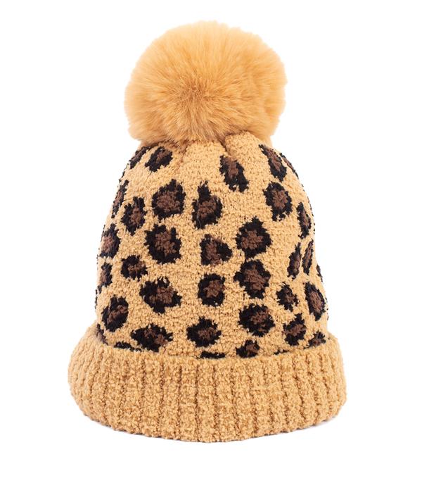 HATS I HAIR ACC :: BEANIES I HEADWRAP :: Wholesale Leopard Fleece Lined Pom Pom Beanie 