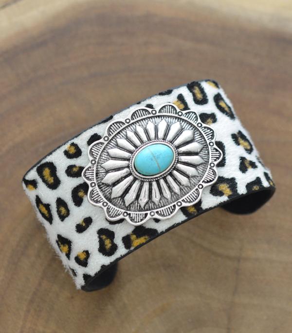 BRACELETS :: CUFF I BANGLE :: Wholesale Leopard Print Turquoise Concho Bracelet