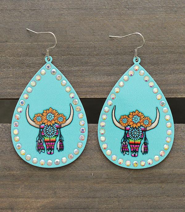 EARRINGS :: TRENDY EARRINGS :: Wholesale Steer Head Rhinestone Teardrop Earrings