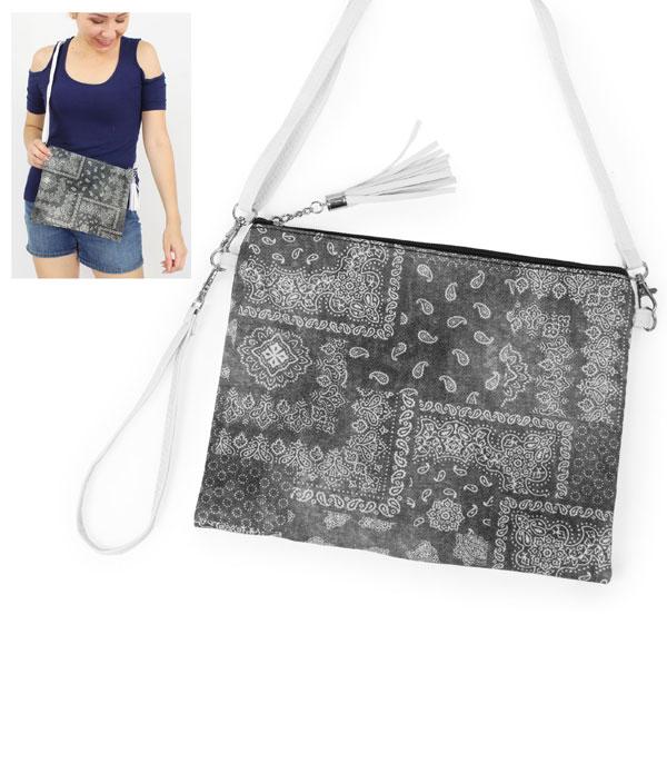 HANDBAGS :: CROSSBODY I CLUTCH BAGS :: Wholesale Denim Paisley Print Crossbody Bag