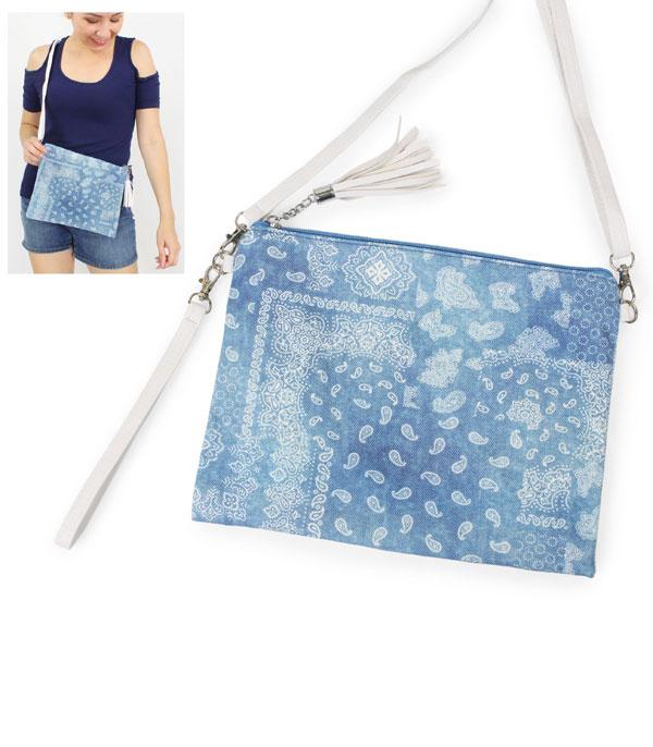 HANDBAGS :: CROSSBODY I CLUTCH BAGS :: Wholesale Paisley Denim Print Crossbody Bag