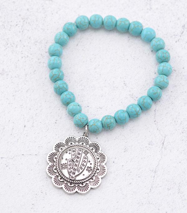 BRACELETS :: STRETCH-BEAD :: Wholesale Western Cactus Charm Turquoise Bracelet