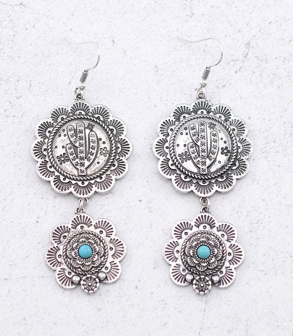 EARRINGS :: WESTERN HOOK EARRINGS :: Wholesale Western Cactus Concho Drop Earrings