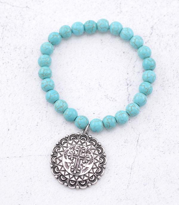 BRACELETS :: STRETCH-BEAD :: Wholesale Cross Charm Turquoise Bracelet