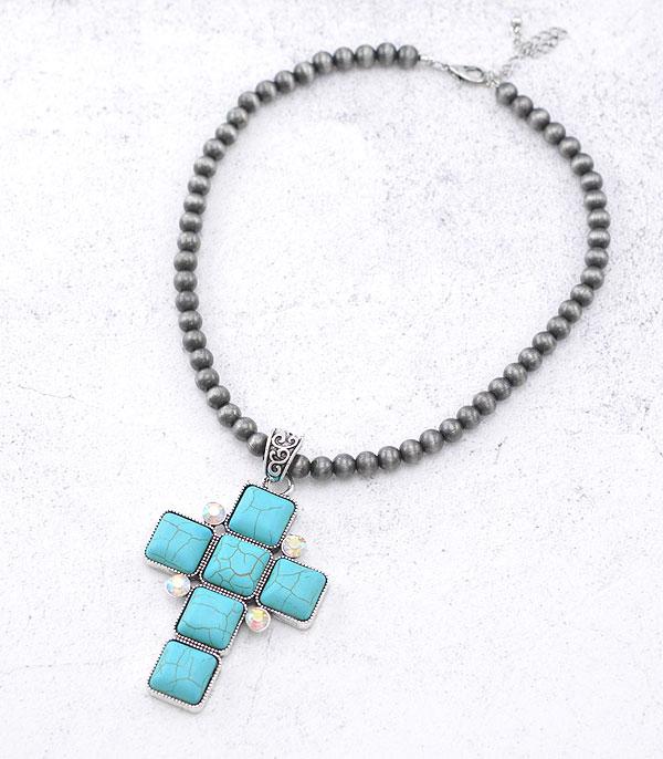 NECKLACES :: TRENDY :: Wholesale Turquoise Semi Stone Cross Necklace