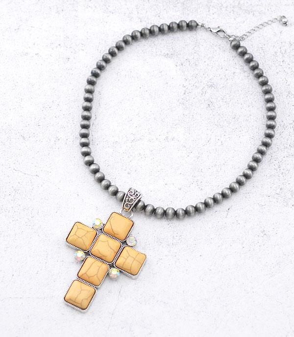 NECKLACES :: TRENDY :: Wholesale Turquoise Semi Stone Cross Necklace