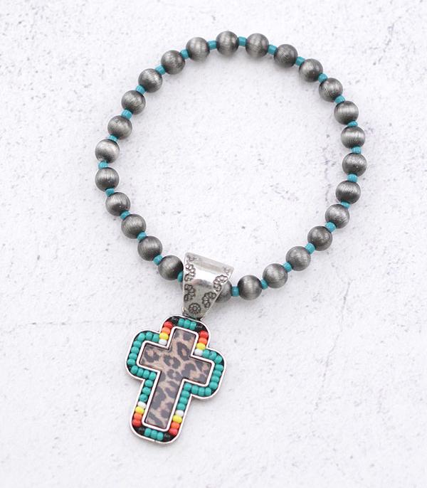 BRACELETS :: STRETCH-BEAD :: Wholesale Seed Bead Cross Charm Bracelet 