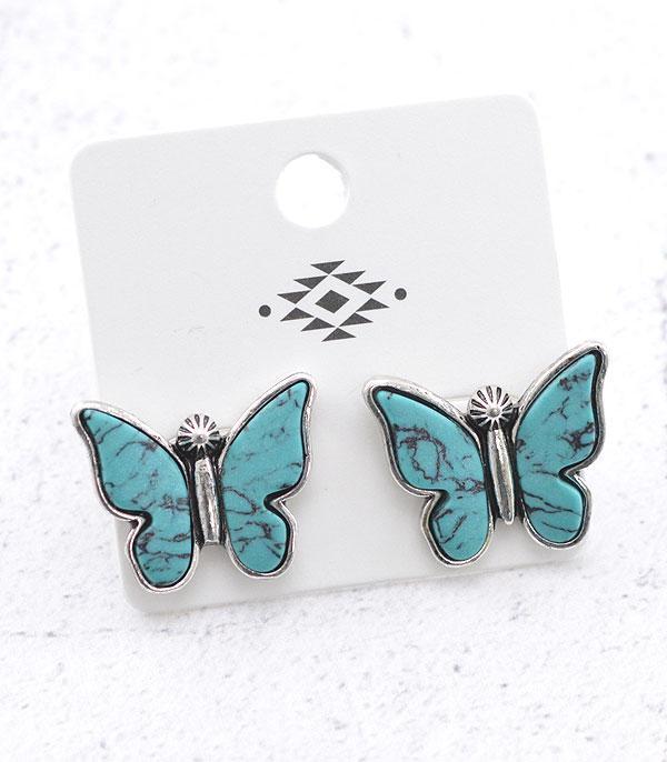 EARRINGS :: POST EARRINGS :: Wholesale Turquoise Semi Stone Butterfly Earrings