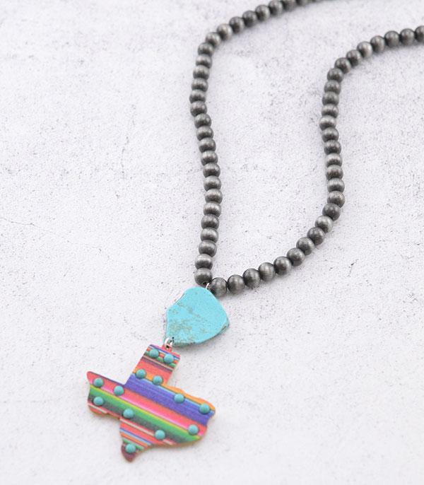 NECKLACES :: TRENDY :: Wholesale Serape Turquoise Texas Map Necklace