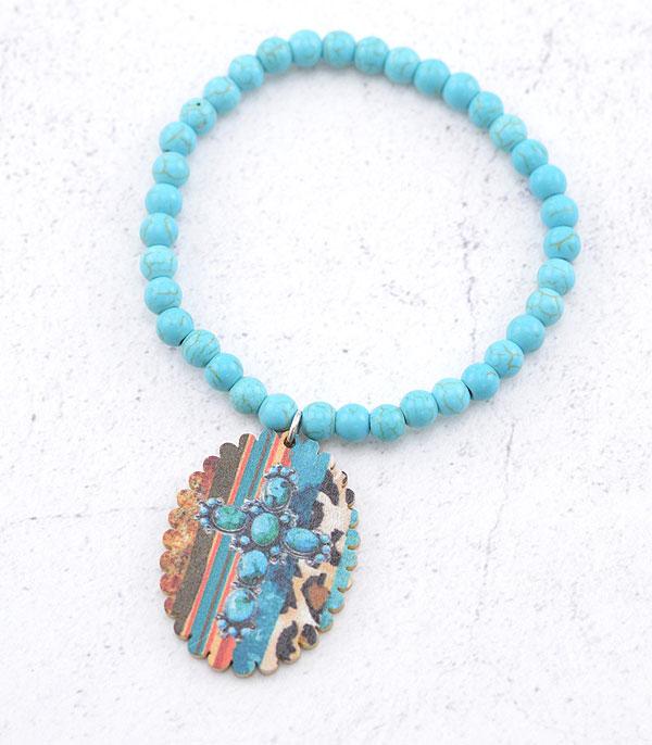 BRACELETS :: STRETCH-BEAD :: Wholesale Turquoise Cross Wood Charm Bracelet