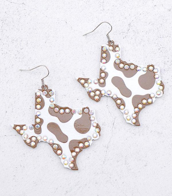 EARRINGS :: TRENDY EARRINGS :: Wholesale Cow Print Texas Map Stone Earrings