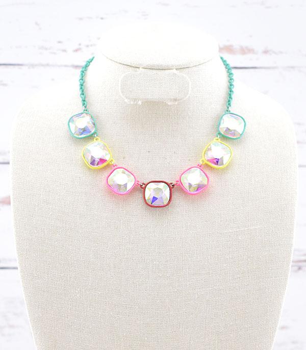 NECKLACES :: TRENDY :: Wholesale Cushion Cut Glass Stone Necklace