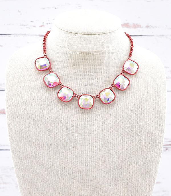 NECKLACES :: TRENDY :: Wholesale Cushion Cut Glass Stone Necklace