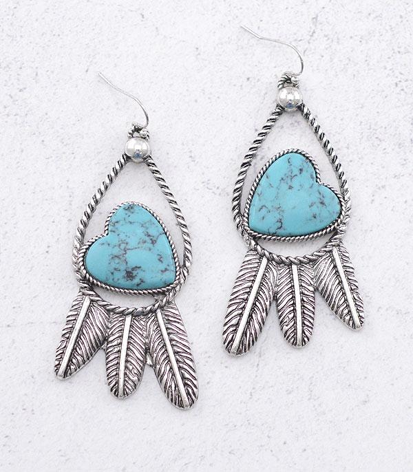 EARRINGS :: WESTERN HOOK EARRINGS :: Wholesale Western Turquoise Heart Feather Earrings