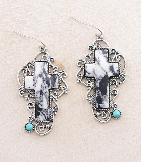 EARRINGS :: WESTERN HOOK EARRINGS :: Wholesale Western Howlite Cross Earrings