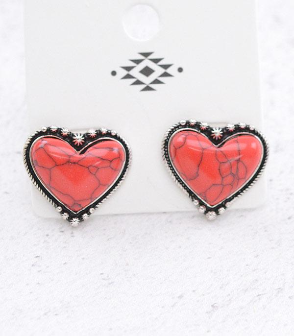 EARRINGS :: WESTERN POST EARRINGS :: Wholesale Western Semi Stone Heart Earrings