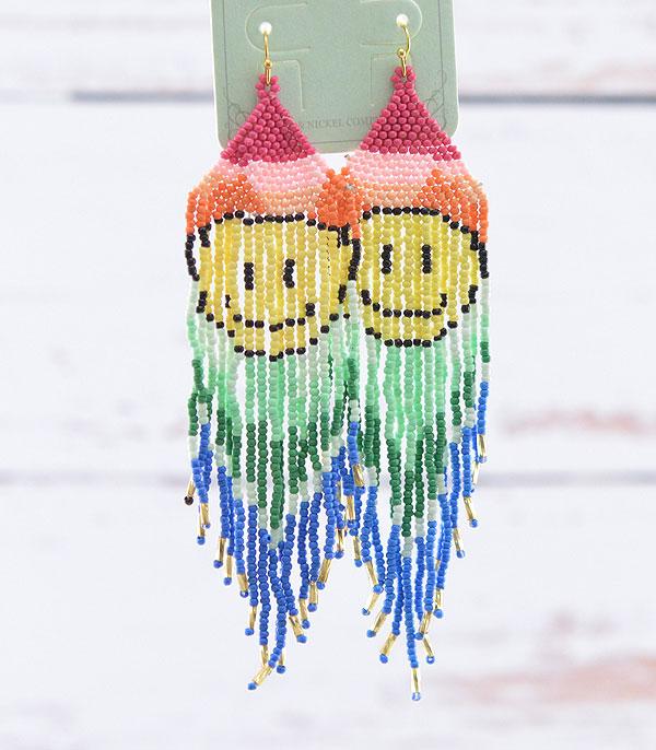 EARRINGS :: TRENDY EARRINGS :: Wholesale Seed Bead Smiley Tassel Earrings