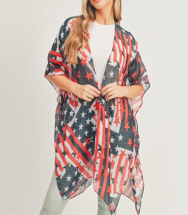 <font color=RED>RED,WHITE, AND BLUE</font> :: Wholesale American Flag Print Kimono