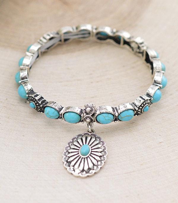 BRACELETS :: STRETCH :: Wholesale Western Turquoise Concho Charm Bracelet