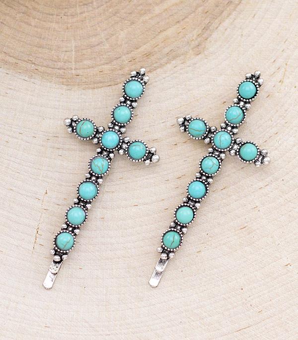 HATS I HAIR ACC :: HAT ACC I HAIR ACC :: Wholesale Turquoise Cross Hair Bobby Pin Set