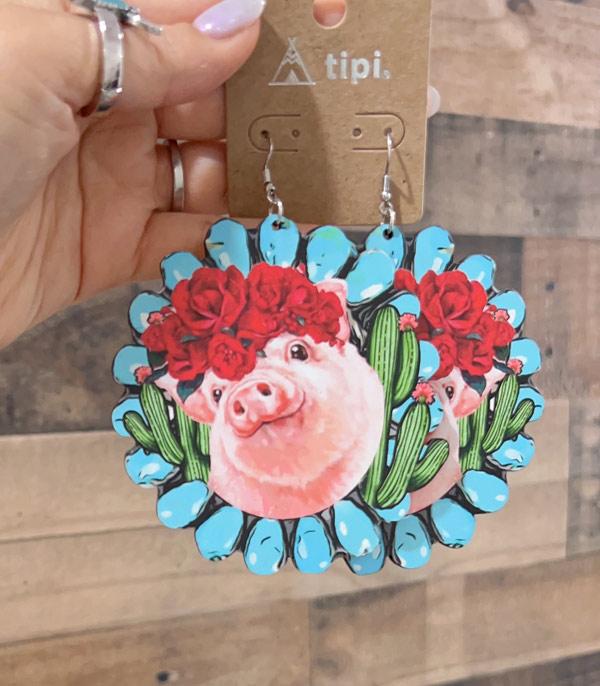 EARRINGS :: WESTERN HOOK EARRINGS :: Wholesale Oversized Wooden Pig Concho Earrings