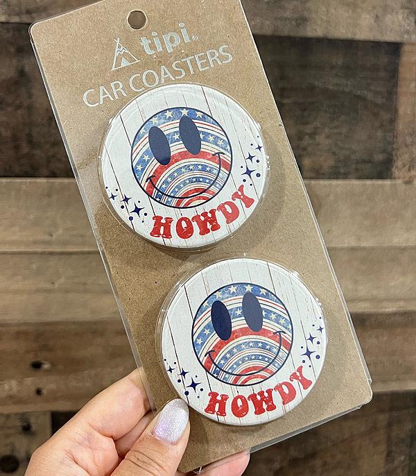 <font color=RED>RED,WHITE, AND BLUE</font> :: Wholesale Patriotic Howdy Smiley Car Coaster Set