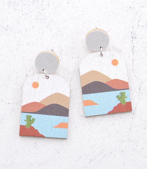 EARRINGS :: TRENDY EARRINGS :: Wholesale Wooden Cactus Desert Landscape Earrings