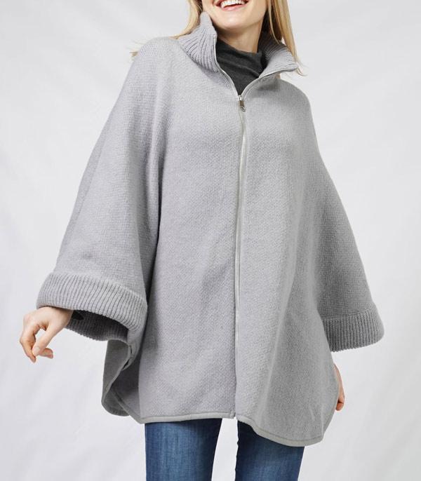 KIMONO I SCARVES :: KIMONO / PONCHO :: Wholesale Zip Up Solid Color Knit Cape