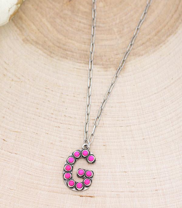 INITIAL JEWELRY :: NECKLACES | RINGS :: Wholesale Western Fuchsia Stone Initial Necklace