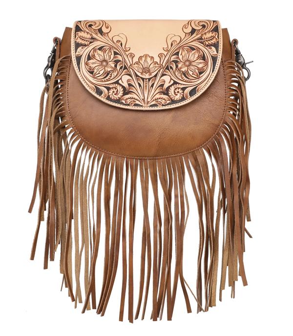 Montana West Genuine Leather Tooled Collection Fringe Crossbody Bag