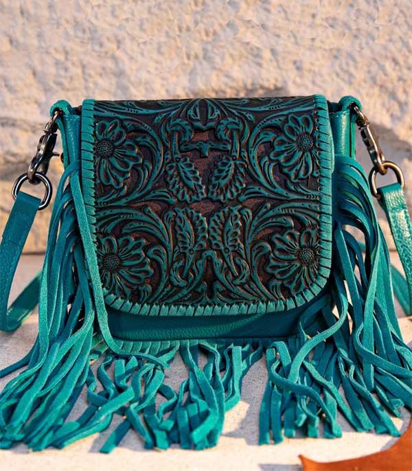 MONTANAWEST BAGS :: CROSSBODY BAGS :: Wholesale Genuine Leather Tooled Fringe Crossbody 