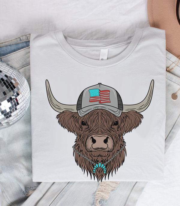 <font color=RED>RED,WHITE, AND BLUE</font> :: Wholesale Western Patriotic Cow Graphic Tee 