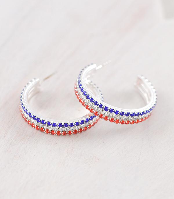 <font color=RED>RED,WHITE, AND BLUE</font> :: Wholesale USA Patriotic Rhinestone Hoop Earrings