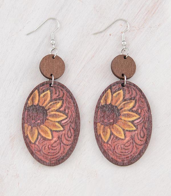 EARRINGS :: WESTERN HOOK EARRINGS :: Wholesale Wooden Sunflower Tooling Earrings
