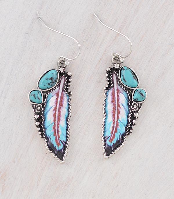 EARRINGS :: WESTERN HOOK EARRINGS :: Wholesale Western Turquoise Feather Earrings