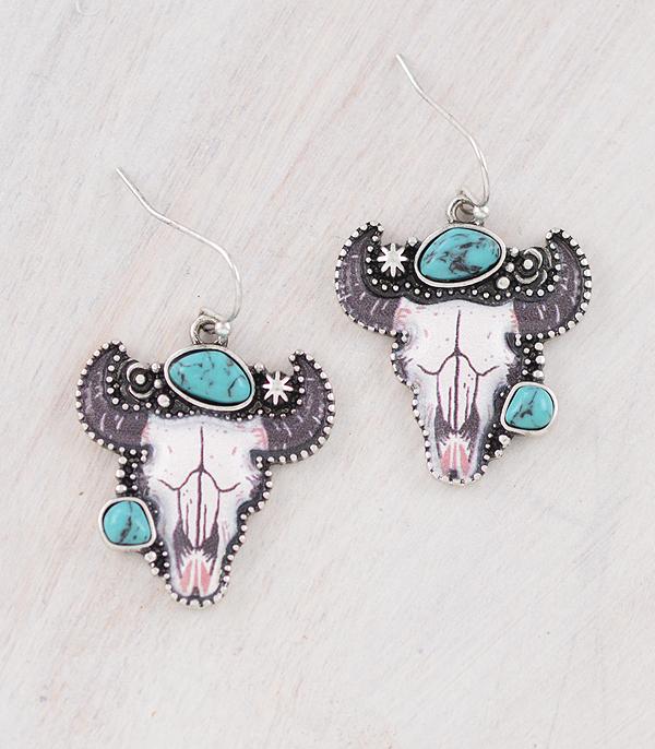 EARRINGS :: WESTERN HOOK EARRINGS :: Wholesale Western Turquoise Steer Skull Earrings