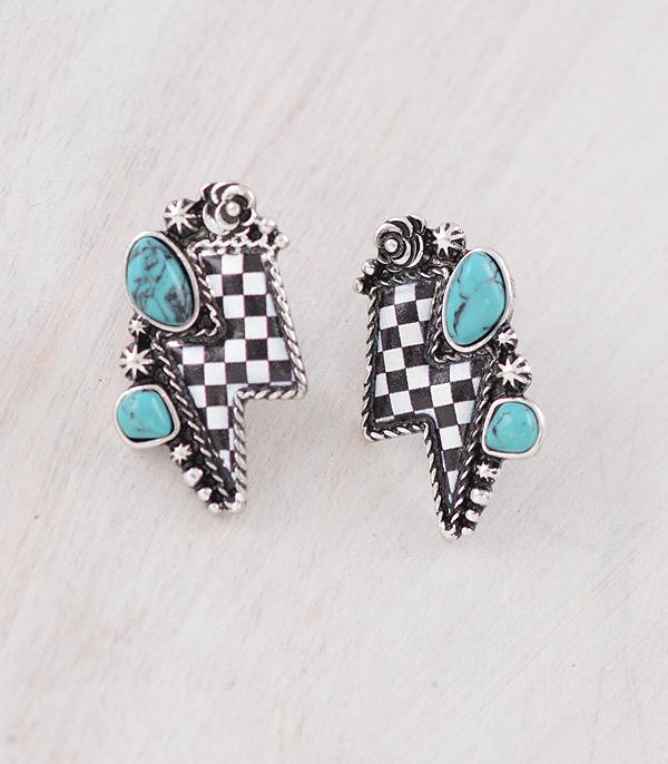New Arrival :: Wholesale Western Checkered Bolt Turquoise Earring