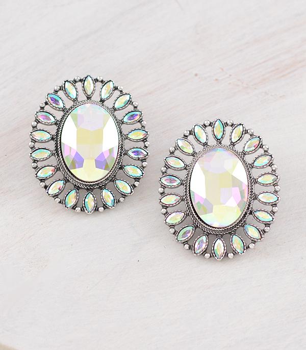 EARRINGS :: WESTERN POST EARRINGS :: Wholesale Iridescent Glass Stone Concho Earrings