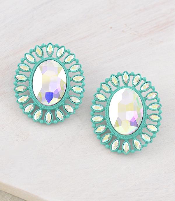 EARRINGS :: WESTERN POST EARRINGS :: Wholesale Iridescent Glass Stone Concho Earrings