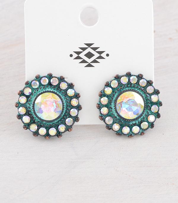 EARRINGS :: WESTERN POST EARRINGS :: Wholesale Iridescent Glass Stone Concho Earrings