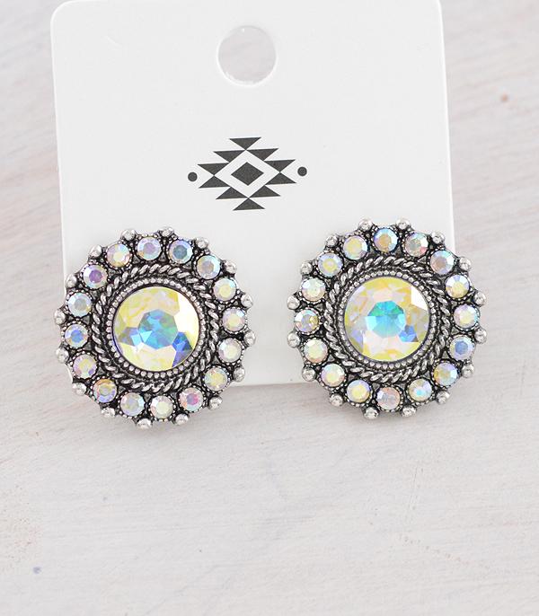 EARRINGS :: WESTERN POST EARRINGS :: Wholesale Iridescent Glass Stone Concho Earrings