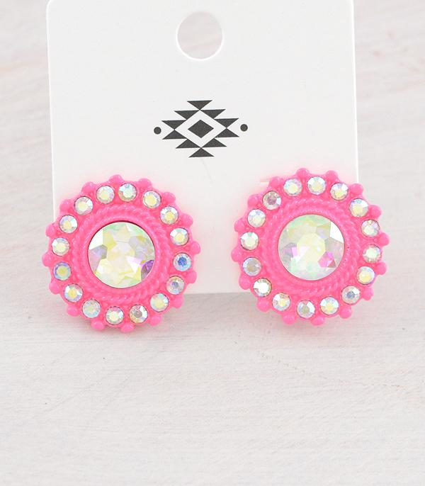 EARRINGS :: WESTERN POST EARRINGS :: Wholesale Iridescent Glass Stone Concho Earrings