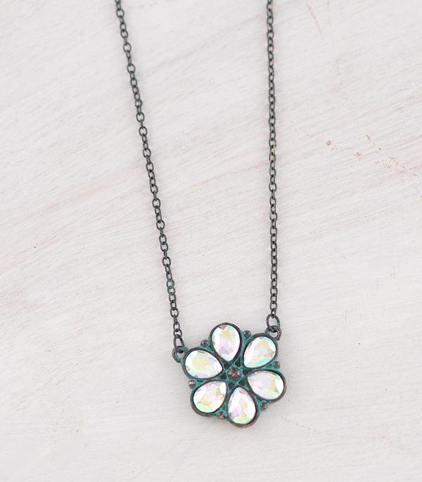 NECKLACES :: TRENDY :: Wholesale Iridescent Stone Flower Pendant Necklace